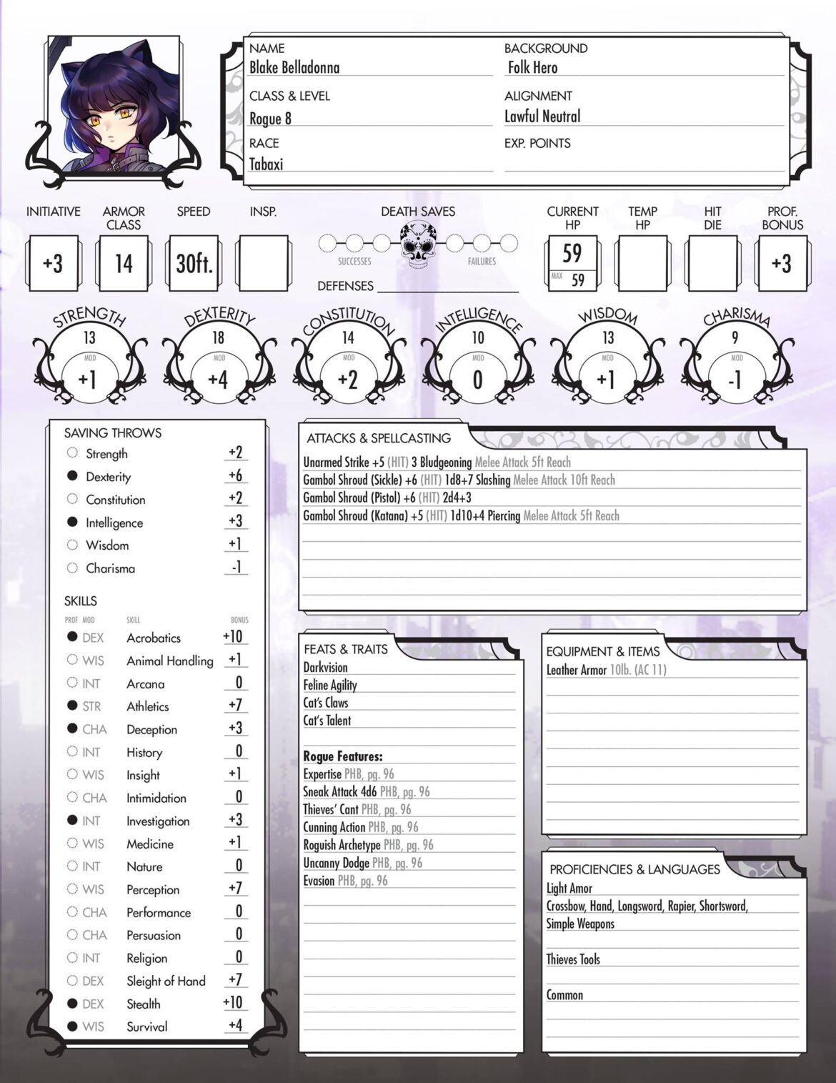 RWBY D&D Character Sheets - Geeky KOOL